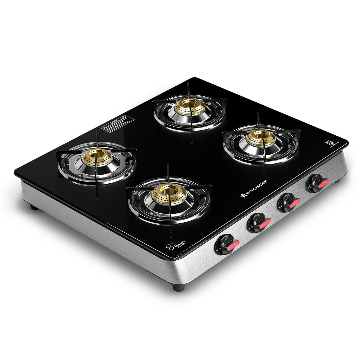 Galaxy Auto-Ignition 4 Brass Burner Gas Stove, LPG Gas Stove for Kitchen, No Lighter Needed, ISI Toughened Glass Surface, SS Frame, Spill-proof Design, Ergonomic Knobs, 2-Yr Warranty