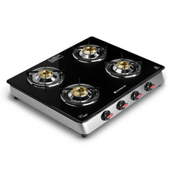 Galaxy Auto-Ignition 4 Brass Burner Gas Stove, LPG Gas Stove for Kitchen, No Lighter Needed, ISI Toughened Glass Surface, SS Frame, Spill-proof Design, Ergonomic Knobs, 2-Yr Warranty