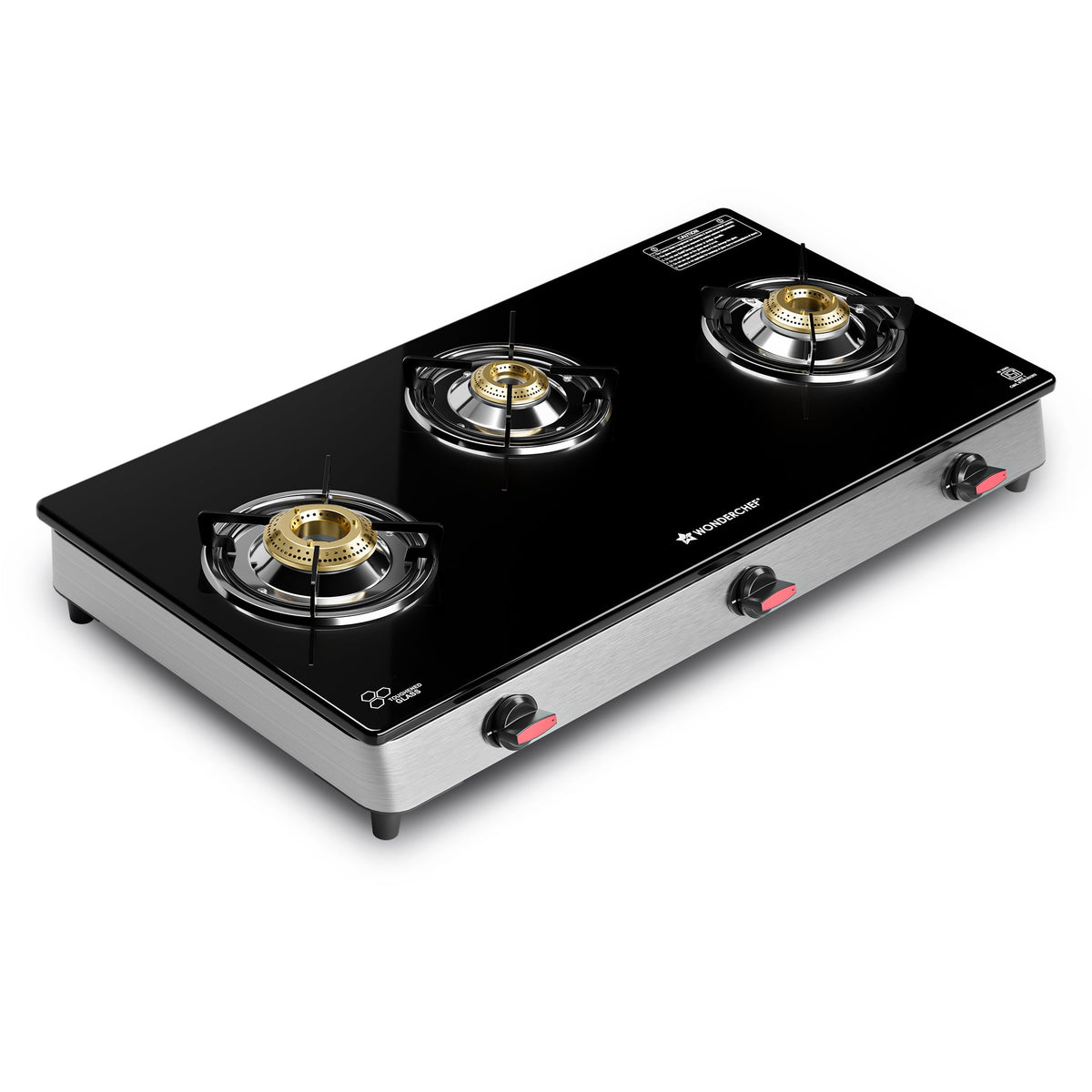 Regal 3 Brass Burner Gas Stove, LPG Gas Stove for Kitchen, ISI Toughened Glass Surface, SS Frame, Spill-proof Design, Ergonomic Knobs, 2-Yr Warranty
