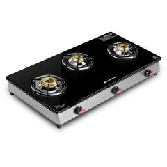 Regal 3 Brass Burner Gas Stove, LPG Gas Stove for Kitchen, ISI Toughened Glass Surface, SS Frame, Spill-proof Design, Ergonomic Knobs, 2-Yr Warranty