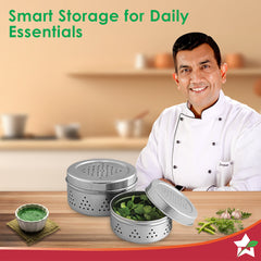 Ambrosia Stainless-steel Coriander Box (2 Pcs.) | Perforated Container for Air Circulation | Food-grade, Non-corrosive, Sturdy | For Coriander, Garlic, Onions, Dry Veggies | 1-year Warranty