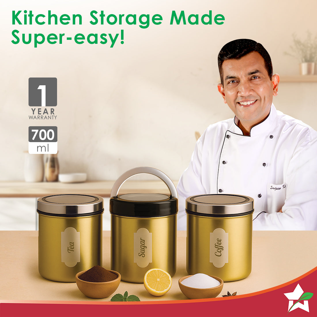 Ambrosia Kitchen Organiser 3 Pc. Set with See-through Lid for Kitchen/Dining Table, Store Tea Coffee Sugar, Airtight Transparent Lid with Silicone Lock Mechanism, 1-Yr Warranty, Gold Finish