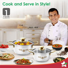 Gold Stanton 2 Pc Casserole Set with Glass Lids, 20 cm/22 cm, Chemical-free Food-grade Stainless-steel, Gold Finish, Use for Cooking & Serving, Stackable, Gift for Occasions, 1-Yr Warranty
