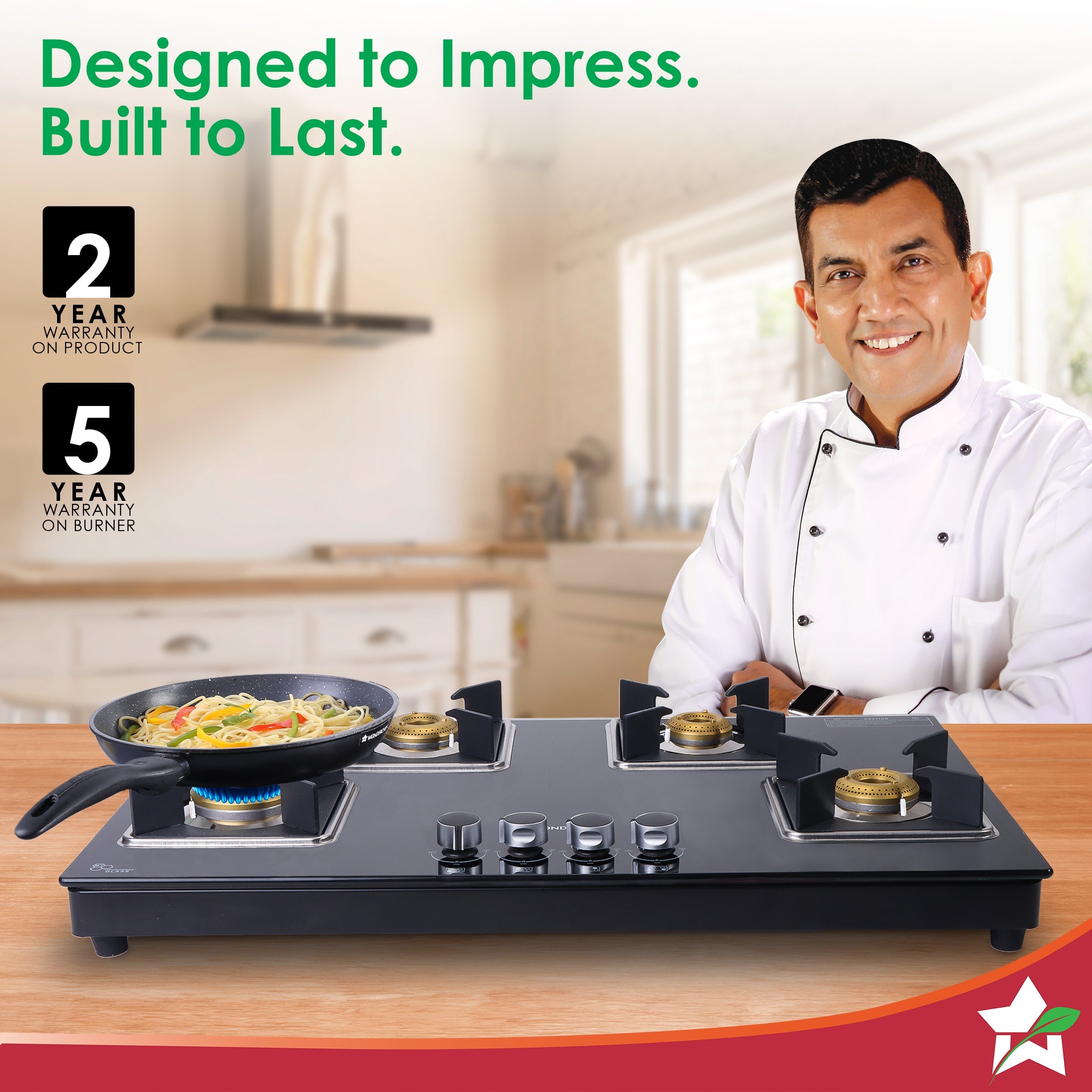 Octavia 4 Burner Glass Hob Top Auto Cooktop | 8mm Toughened Glass | Auto Ignition | Forged Brass Burners | Stainless Steel Drip Tray | Anti-Skid Legs | Large & Heavy Pan support | LPG compatible | Black steel frame | 2 Year Warranty | Black