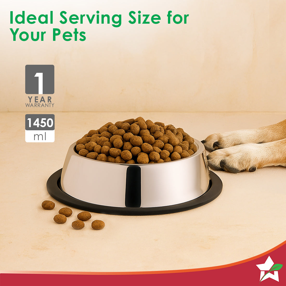 Ambrosia Stainless-steel Pet Bowl, Big Feeding Bowl for Dogs Cats Rabbits Puppies, 1.4 L, Anti-skid, Mess-free Eating, Scratch-resistant, Non-porous, Light-weight, Silver, 1-Yr Warranty