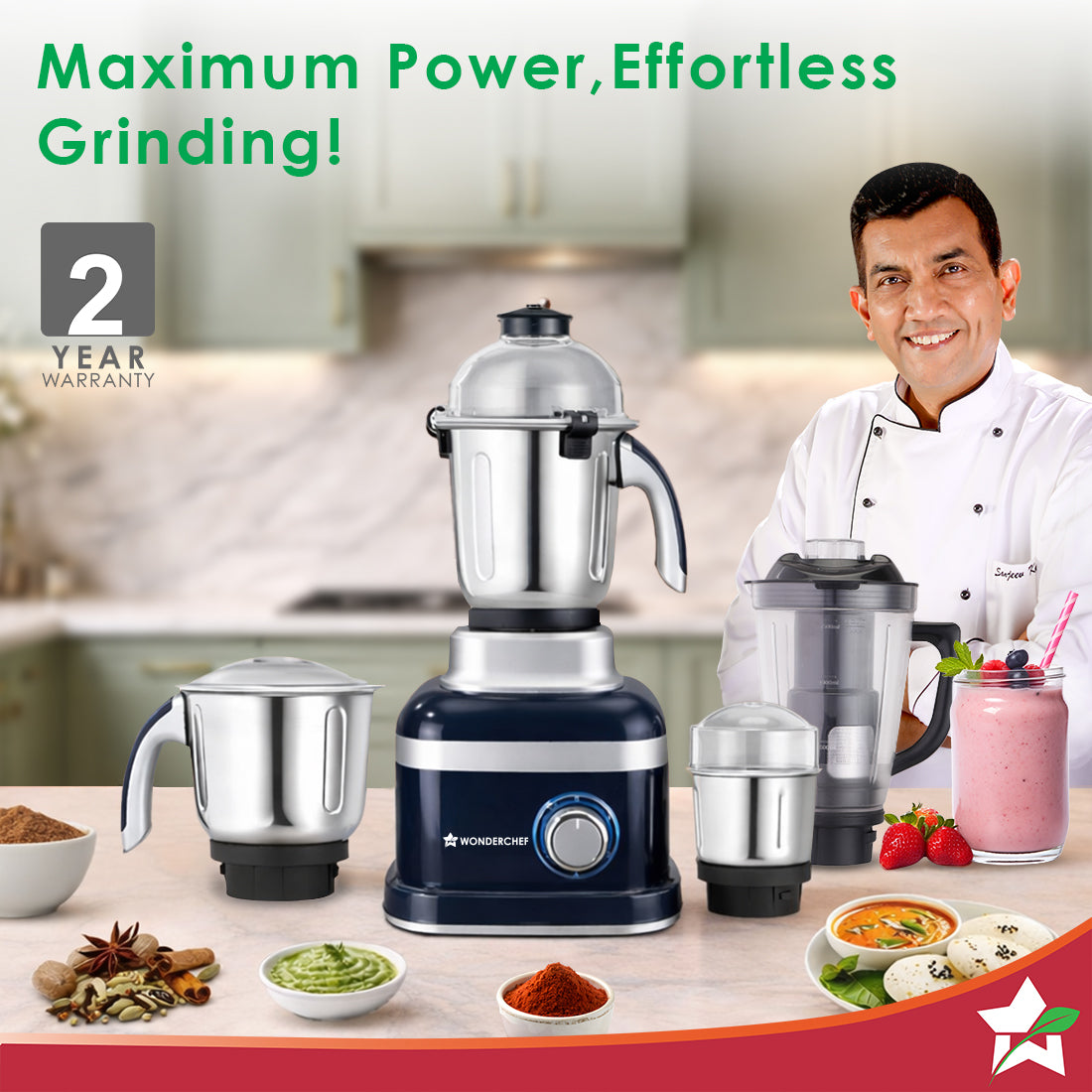 Cube 1000W Mixer Grinder, 4 Jars with Flow Breakers, Special Coarse Blade for Silbatta-style Khada Masala Grinding, Ideal for Grinding, Blending Chutney, Idli/Dosa Batter, 2-Yr Warranty