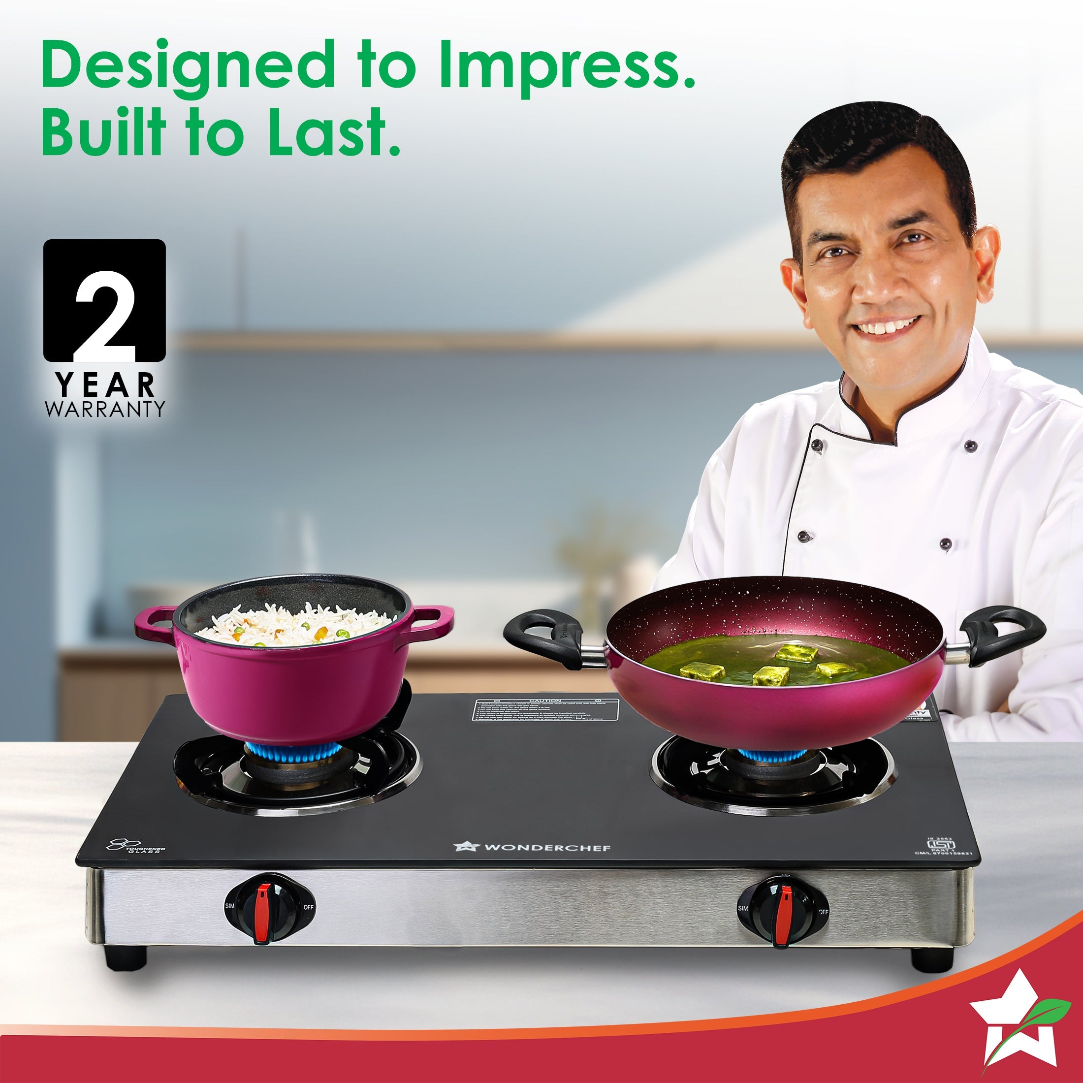 Regal 2 Brass Burner Gas Stove, LPG Gas Stove for Kitchen, ISI Toughened Glass Surface, SS Frame, Spill-proof Design, Ergonomic Knobs, 2-Yr Warranty