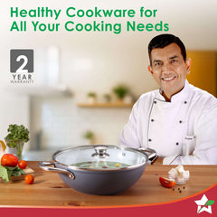 Eco-Glide Ceramic Kadhai 28cm with Glass Lid, 4.3Litre Non-toxic, Chemical Free, Low Oil Cooking, Scratch-resistant, Stainless-steel Handle, Gas+Induction Compatible, 2-Year Warranty, Grey