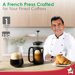 French Press Coffee Maker 350 ml with Milk Frother | Heat Resistant Borosilicate Glass Carafe | 18/8 Stainless Steel 4 -Level Strainer System | Brew in 3 Mins | Battery-Operated Frother | 1 Year Warranty