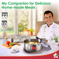 Stella Triply Stainless Steel Casserole with Lid | 22 cm, 3.5 Litres | Compatible with Gas Stove, Induction, Ceramic Cooktop | Non-toxic | Heavy-duty Handle | 10-year Warranty