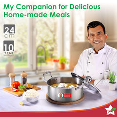Stella Triply Stainless Steel Casserole with Lid | 24 cm, 4.5 Litres | Compatible with Gas Stove, Induction, Ceramic Cooktop | Non-toxic | Heavy-duty Handle | 10-year Warranty