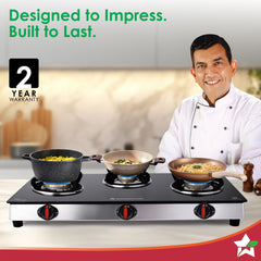 Regal 3 Brass Burner Gas Stove, LPG Gas Stove for Kitchen, ISI Toughened Glass Surface, SS Frame, Spill-proof Design, Ergonomic Knobs, 2-Yr Warranty