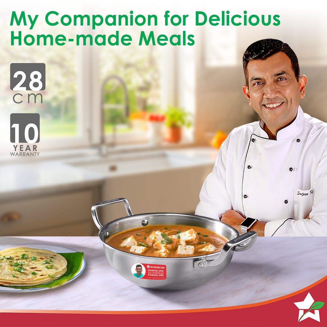 Stella Triply Stainless Steel Kadhai with Lid | 28 cm, 4.5 Litres | Compatible with Gas Stove, Induction, Ceramic Cooktop | Non-toxic | Heavy-duty Handle | 10-year Warranty