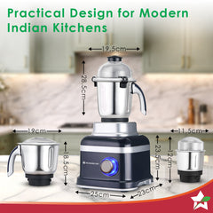 Cube 1000W Mixer Grinder, 3 Jars with Flow Breakers, Special Coarse Blade for Silbatta-style Khada Masala Grinding, Ideal for Grinding, Blending Chutney, Idli/Dosa Batter, 2-Yr Warranty