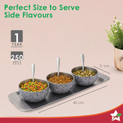 Modena Stainless-steel 7 Pc. Condiment Set, 3 Bowls, 3 Spoons, 1 Tray, Serve Dry Snacks, Chutneys, Dry Fruits, Pickles, Coloured Exterior Design, Perfect Festive Wedding Gift, 1-Yr Warranty