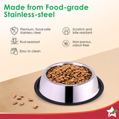 Ambrosia Stainless-steel Pet Bowl, Big Feeding Bowl for Dogs Cats Rabbits Puppies, 1.4 L, Anti-skid, Mess-free Eating, Scratch-resistant, Non-porous, Light-weight, Silver, 1-Yr Warranty