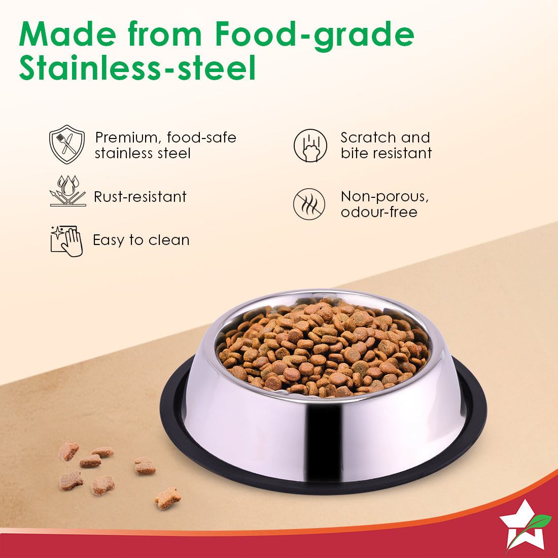 Ambrosia Stainless-steel Pet Bowl, Feeding Bowl for Dogs Cats Rabbits Puppies, 700 ml, Anti-skid, Mess-free Eating, Scratch-resistant, Non-porous, Light-weight, Silver, 1-Yr Warranty