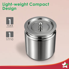 Ambrosia Premium Stainless-steel Ghee Pot with Lid, 1 L, Tight SS Lid, Rust-resistant & Durable Material, Ghee Storage for Kitchen, Multi-purpose Use, Silver, 1-Yr Warranty