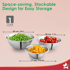 Ambrosia Stainless-steel Mixing Bowl (3 Pcs.) | 17 cm (775ml), 20 cm (1.35 L), 24 cm (2.4 L) | Stackable, Food-grade, Non-corrosive, Sturdy | Use to Mix, Marinate, Serve | 1-year Warranty