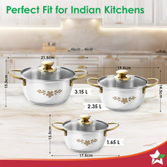 Gold Stanton Stainless Steel 3 piece Casserole Set with Glass Lid | Golden knobs and handles | Induction & Gas Stove friendly | Set of 3 (1.6L, 2.3L, 3.1L) | 1 Year Warranty
