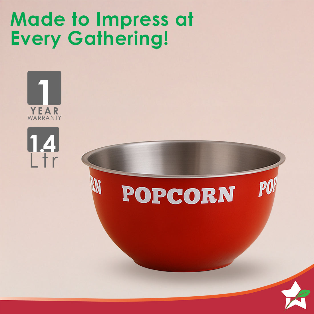 Ambrosia Stainless-steel Popcorn Bowl, 1.4 L, Dual-tone, Serve Chips, Snacks, Fruits or Use for Mixing/Storing, Ideal for Movie Nights & Parties, Scratch-resistant, Red, 1-Yr Warranty