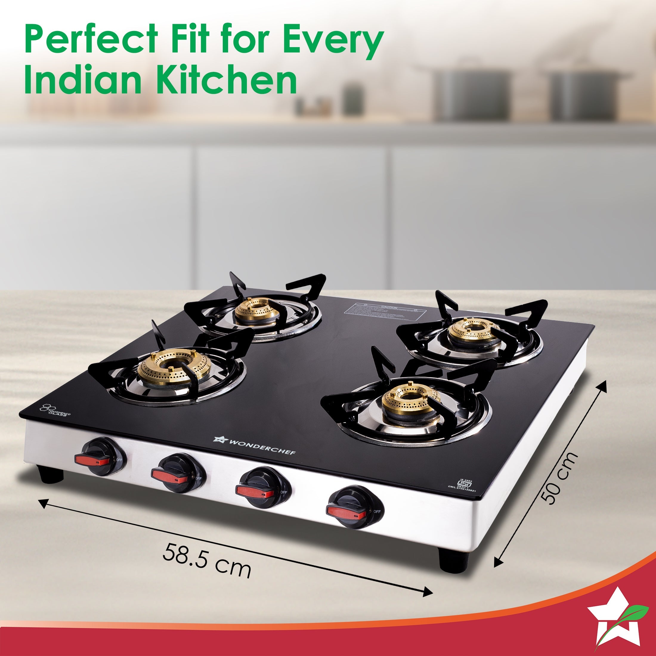 Regal 4 Brass Burner Gas Stove, LPG Gas Stove for Kitchen, ISI Toughened Glass Surface, SS Frame, Spill-proof Design, Ergonomic Knobs, 2-Yr Warranty