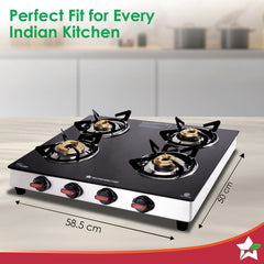 Regal 4 Brass Burner Gas Stove, LPG Gas Stove for Kitchen, ISI Toughened Glass Surface, SS Frame, Spill-proof Design, Ergonomic Knobs, 2-Yr Warranty