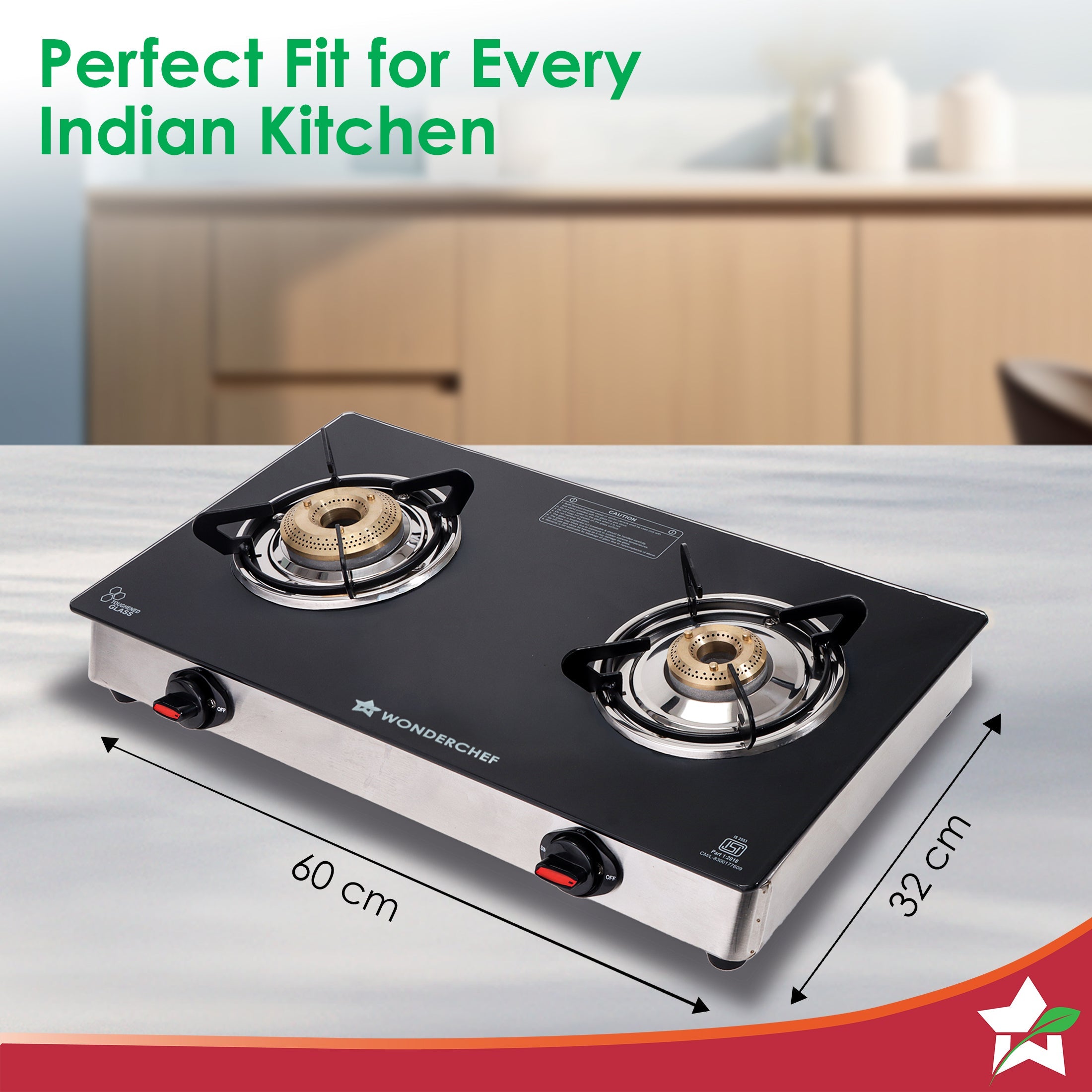 Regal 2 Brass Burner Gas Stove, LPG Gas Stove for Kitchen, ISI Toughened Glass Surface, SS Frame, Spill-proof Design, Ergonomic Knobs, 2-Yr Warranty
