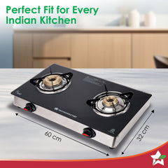 Regal 2 Brass Burner Gas Stove, LPG Gas Stove for Kitchen, ISI Toughened Glass Surface, SS Frame, Spill-proof Design, Ergonomic Knobs, 2-Yr Warranty
