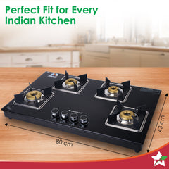 Octavia 4 Burner Glass Hob Top Auto Cooktop | 8mm Toughened Glass | Auto Ignition | Forged Brass Burners | Stainless Steel Drip Tray | Anti-Skid Legs | Large & Heavy Pan support | LPG compatible | Black steel frame | 2 Year Warranty | Black