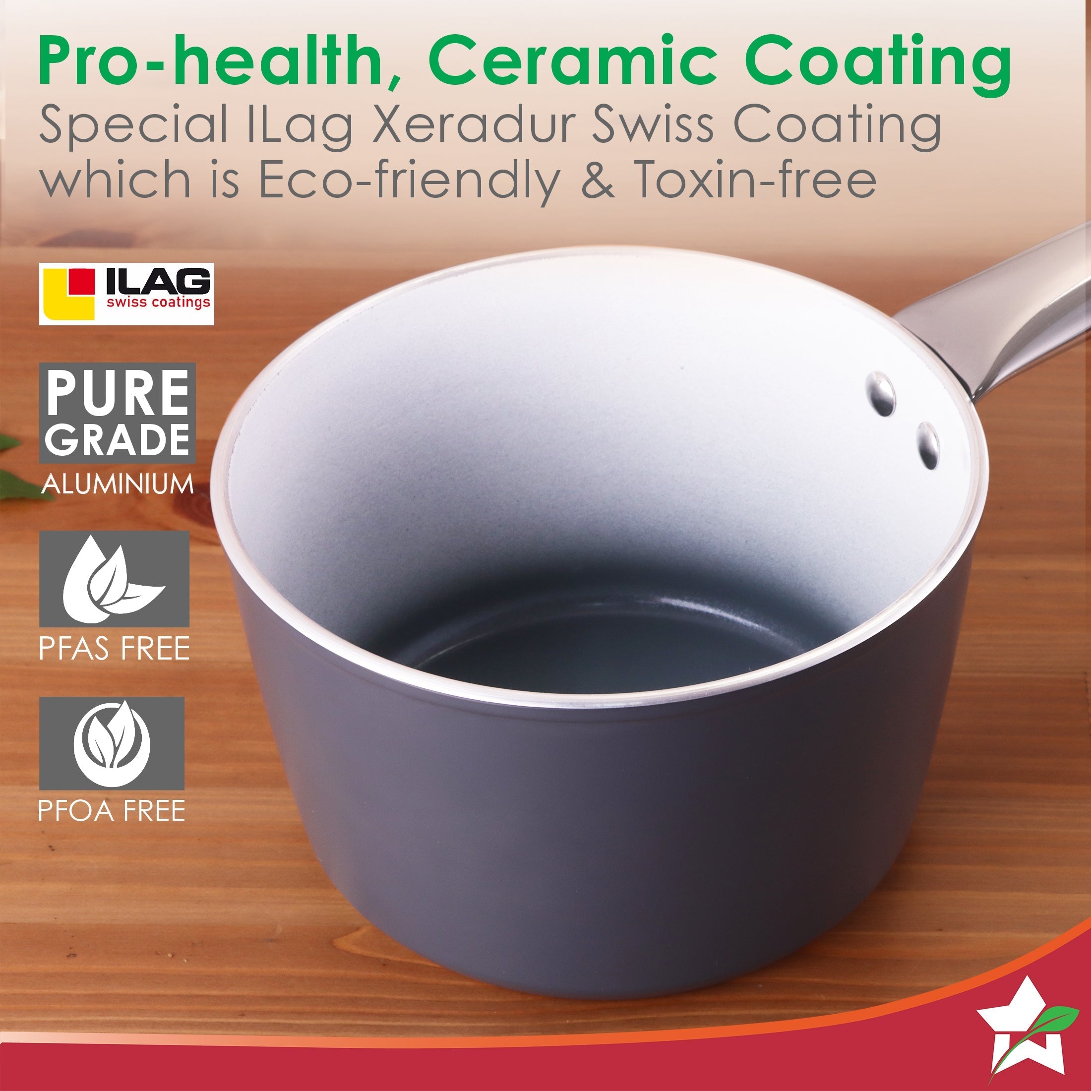 Eco-Glide Ceramic Saucepan 16cm, Non-Toxic, Chemical & PFOA Free, 1.75L capacity, Low Oil Cooking, Scratch-resistant, Stainless-steel Handle, Gas & Induction Compatible, 2-Yr Warranty, Grey