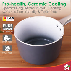 Eco-Glide Ceramic Saucepan 16cm, Non-Toxic, Chemical & PFOA Free, 1.75L capacity, Low Oil Cooking, Scratch-resistant, Stainless-steel Handle, Gas & Induction Compatible, 2-Yr Warranty, Grey