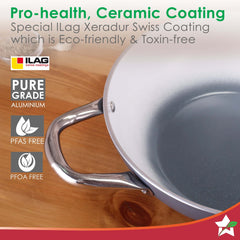 Eco-Glide Ceramic Kadhai 28cm with Glass Lid, 4.3Litre Non-toxic, Chemical Free, Low Oil Cooking, Scratch-resistant, Stainless-steel Handle, Gas+Induction Compatible, 2-Year Warranty, Grey