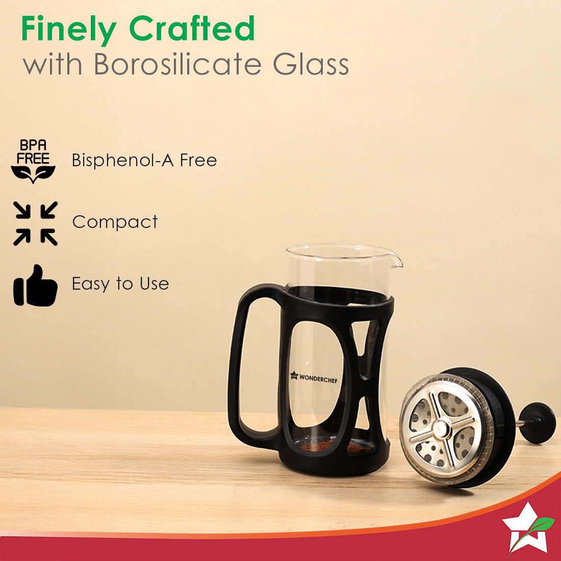 French Press Coffee Maker 350 ml with Milk Frother | Heat Resistant Borosilicate Glass Carafe | 18/8 Stainless Steel 4 -Level Strainer System | Brew in 3 Mins | Battery-Operated Frother | 1 Year Warranty