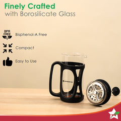 French Press Coffee Maker 350 ml with Milk Frother | Heat Resistant Borosilicate Glass Carafe | 18/8 Stainless Steel 4 -Level Strainer System | Brew in 3 Mins | Battery-Operated Frother | 1 Year Warranty