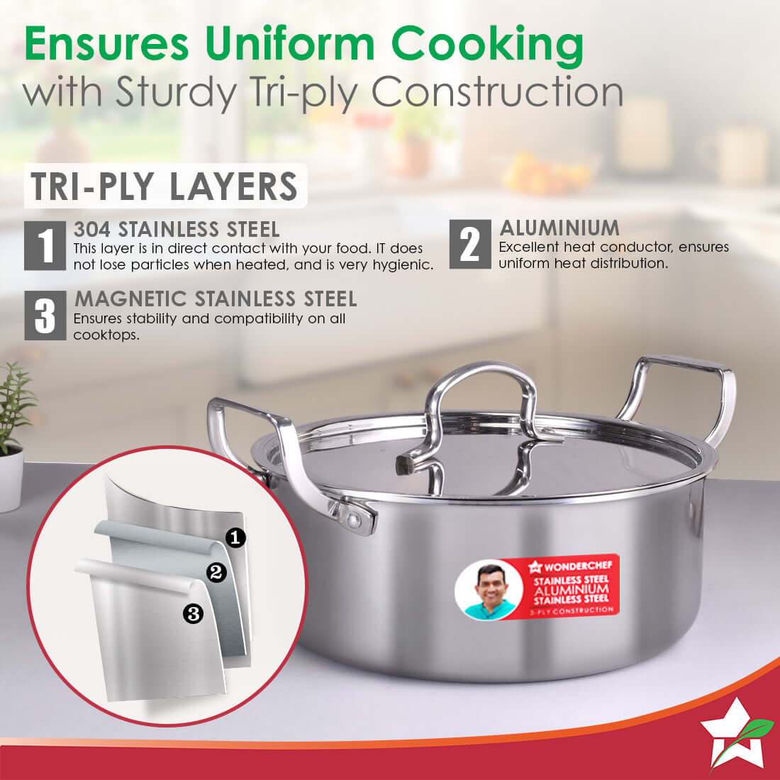 Stella Triply Stainless Steel Casserole with Lid | 22 cm, 3.5 Litres | Compatible with Gas Stove, Induction, Ceramic Cooktop | Non-toxic | Heavy-duty Handle | 10-year Warranty