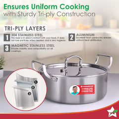 Stella Triply Stainless Steel Casserole with Lid | 22 cm, 3.5 Litres | Compatible with Gas Stove, Induction, Ceramic Cooktop | Non-toxic | Heavy-duty Handle | 10-year Warranty