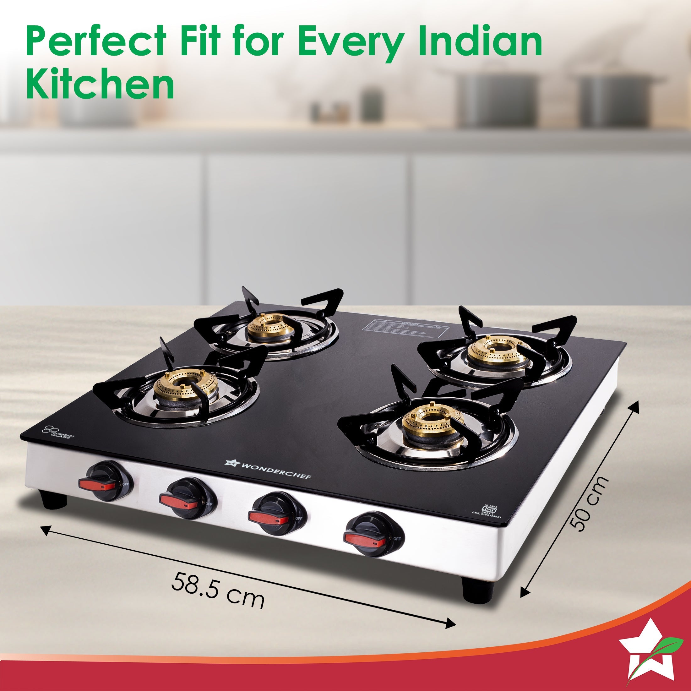 Galaxy Auto-Ignition 4 Brass Burner Gas Stove, LPG Gas Stove for Kitchen, No Lighter Needed, ISI Toughened Glass Surface, SS Frame, Spill-proof Design, Ergonomic Knobs, 2-Yr Warranty