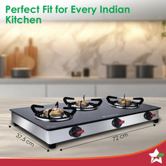 Regal 3 Brass Burner Gas Stove, LPG Gas Stove for Kitchen, ISI Toughened Glass Surface, SS Frame, Spill-proof Design, Ergonomic Knobs, 2-Yr Warranty