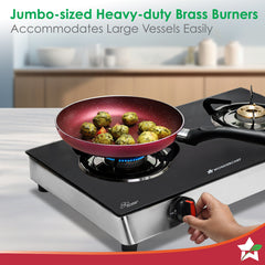 Regal 2 Brass Burner Gas Stove, LPG Gas Stove for Kitchen, ISI Toughened Glass Surface, SS Frame, Spill-proof Design, Ergonomic Knobs, 2-Yr Warranty