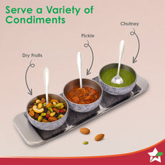 Modena Stainless-steel 7 Pc. Condiment Set, 3 Bowls, 3 Spoons, 1 Tray, Serve Dry Snacks, Chutneys, Dry Fruits, Pickles, Coloured Exterior Design, Perfect Festive Wedding Gift, 1-Yr Warranty