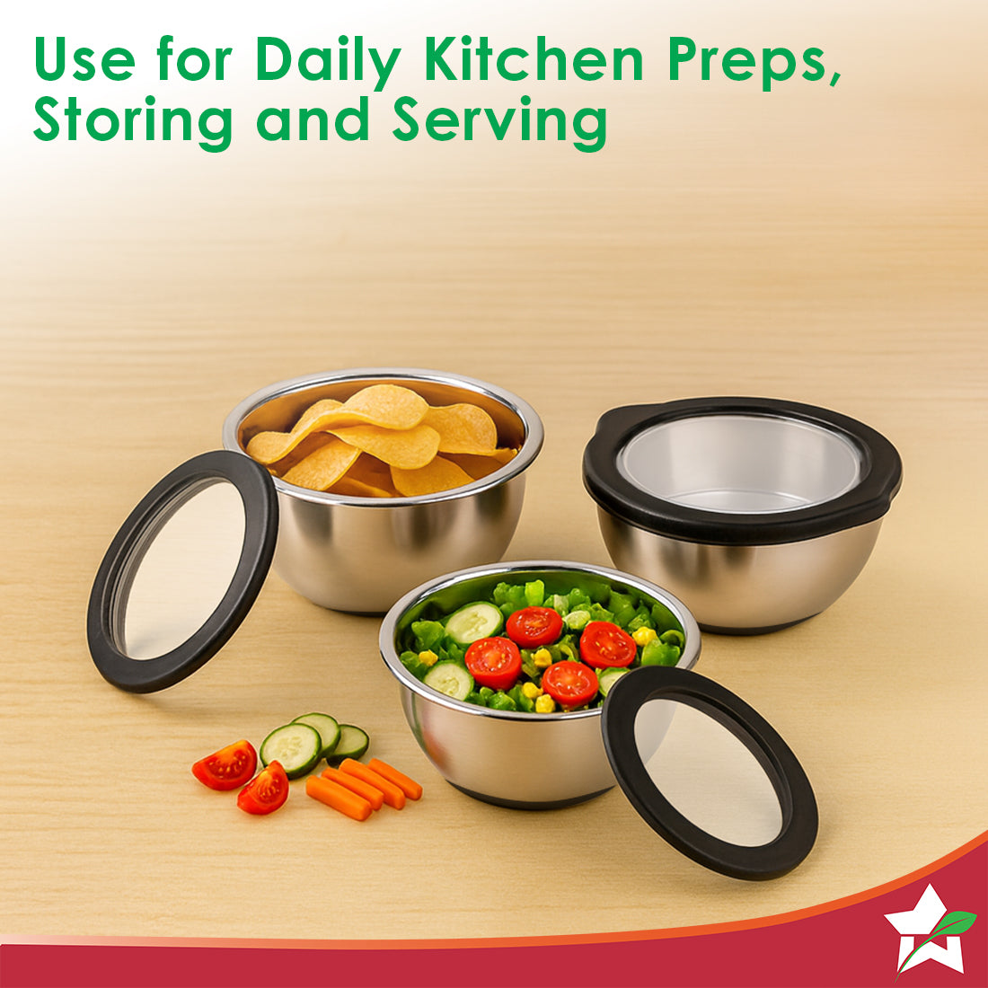 Ambrosia Stainless-steel 3 Pc. Mixing Bowl Set with Transparent Lid, 10 cm (300ml), 14 cm (470ml), 18 cm (1.5 L) | Stackable, Food-grade, Non-corrosive, Sturdy | Use to Mix, Marinate, Serve | 1-year Warranty