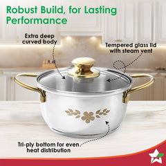 Gold Stanton Stainless Steel 3 piece Casserole Set with Glass Lid | Golden knobs and handles | Induction & Gas Stove friendly | Set of 3 (1.6L, 2.3L, 3.1L) | 1 Year Warranty