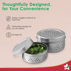 Ambrosia Stainless-steel Coriander Box (2 Pcs.) | Perforated Container for Air Circulation | Food-grade, Non-corrosive, Sturdy | For Coriander, Garlic, Onions, Dry Veggies | 1-year Warranty