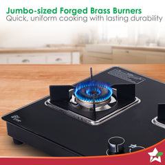 Octavia 3 Burner Glass Hob Top Auto Cooktop | 8mm Toughened Glass | Auto Ignition | Forged Brass Burners | Stainless Steel Drip Tray | Anti-Skid Legs | Large & Heavy Pan support | LPG compatible | Black steel frame | 2 Year Warranty | Black