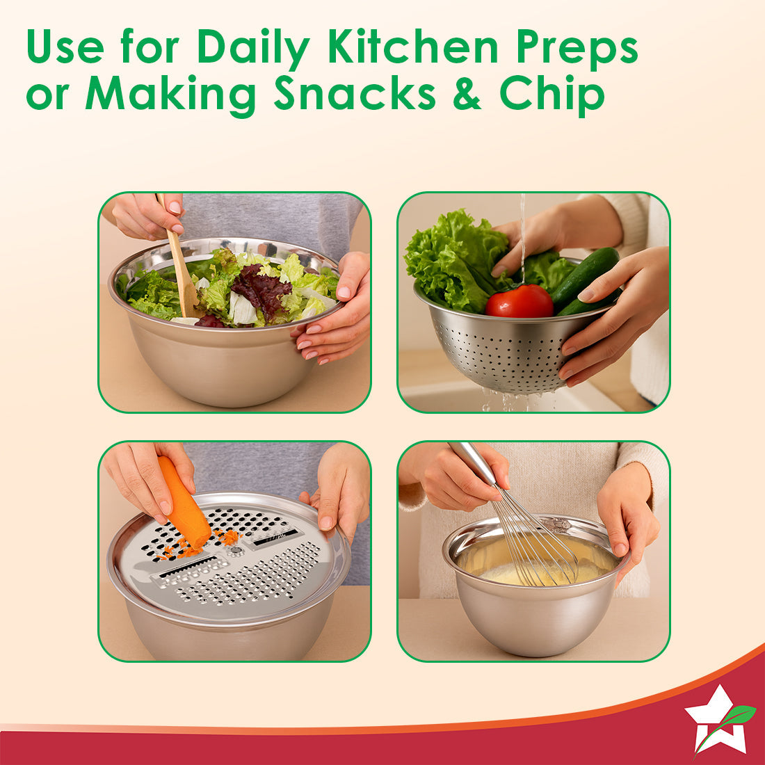 Modena Stainless-steel Bowl with Strainer, Grater | Multi-slot Lid for Fine/Coarse Grating | Food-grade, Non-corrosive, Sturdy | Use to Mix, Grate, Wash, Serve | Anti-skid | 1-year Warranty