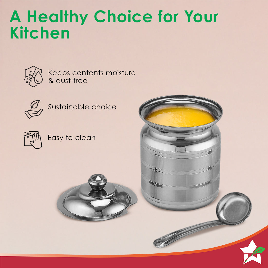 Ambrosia Premium Stainless-steel Ghee Pot with Spoon & Lid, 500 ml, Tight SS Lid, Rust-resistant & Durable Material, Ghee Storage for Kitchen, Multi-purpose Use, Silver, 1-Yr Warranty