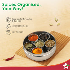 Ambrosia Stainless-steel Masala Box, 7 Containers, 1 Small Spoon, Airtight Stainless-steel Lid, Spice Organizer for Kitchen, Food-grade, Non-corrosive, Sturdy, Silver, 1-Yr Warranty