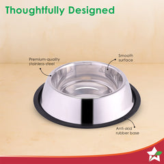 Ambrosia Stainless-steel Pet Bowl, Big Feeding Bowl for Dogs Cats Rabbits Puppies, 1.4 L, Anti-skid, Mess-free Eating, Scratch-resistant, Non-porous, Light-weight, Silver, 1-Yr Warranty