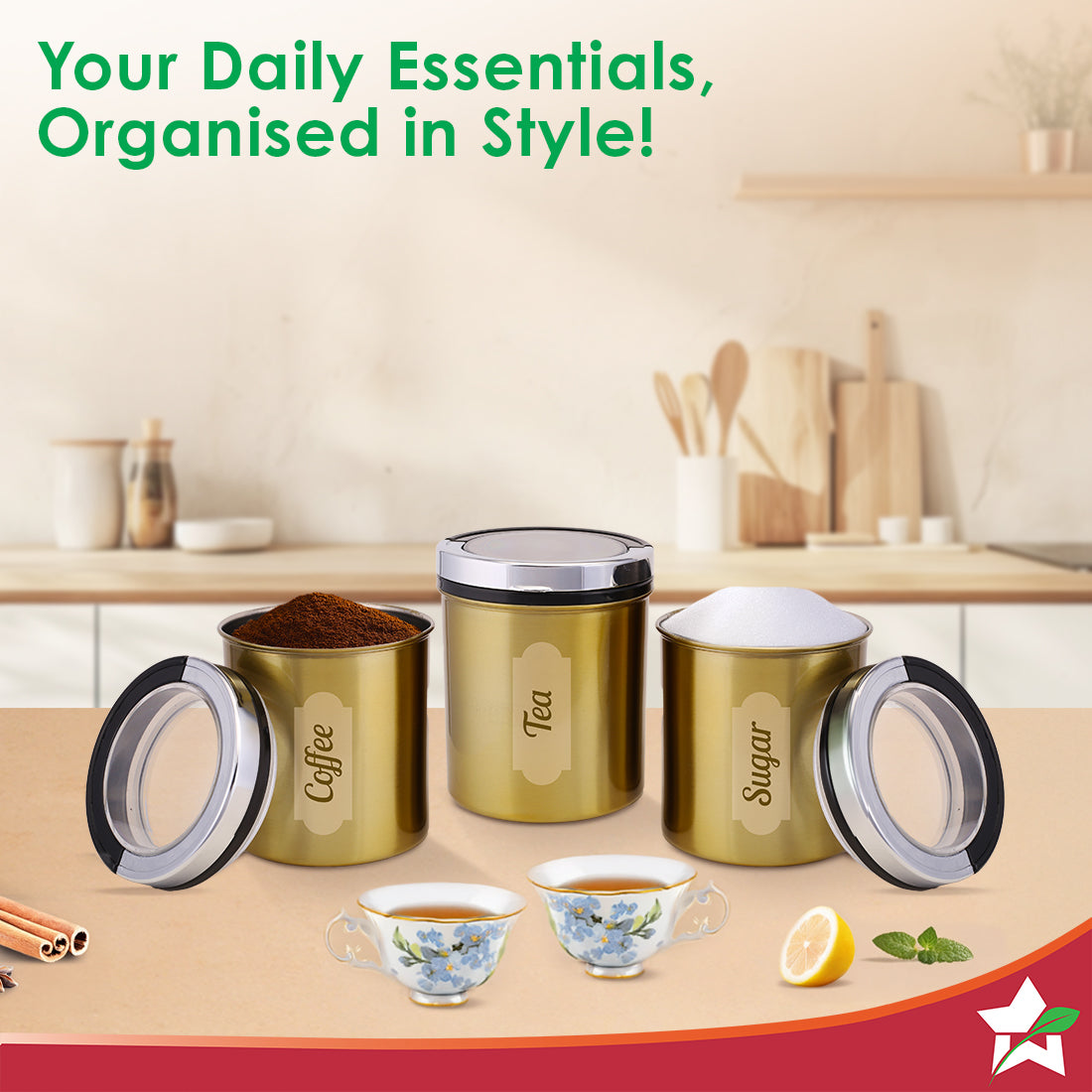 Ambrosia Kitchen Organiser 3 Pc. Set with See-through Lid for Kitchen/Dining Table, Store Tea Coffee Sugar, Airtight Transparent Lid with Silicone Lock Mechanism, 1-Yr Warranty, Gold Finish